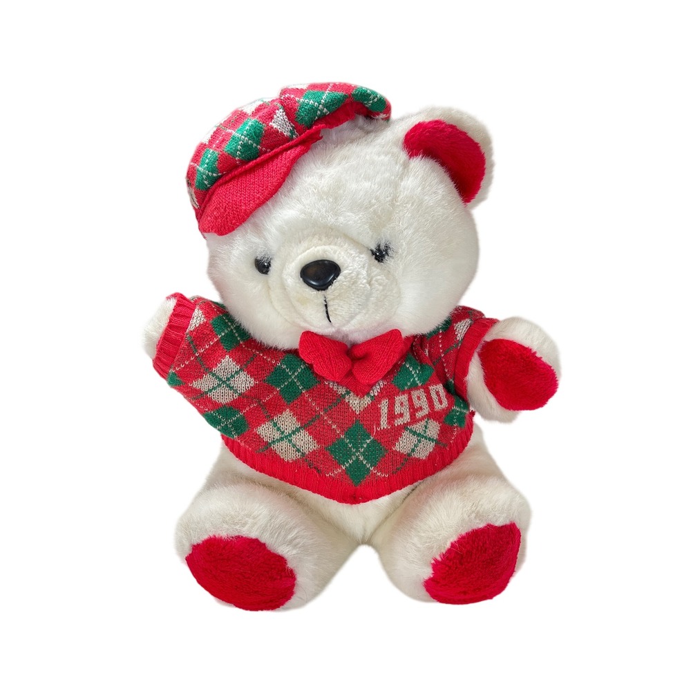 Vintage 1990 Kmart Holiday Teddy Bear White Plush Red Green Argyle Sweater Hat